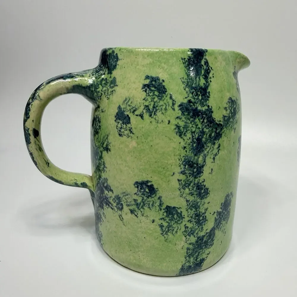 Vtg Spongeware Pottery Watermelon Heart Pitcher Green Red Seeded 6.5” Country